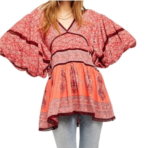 FREE PEOPLE Luna Boho Gypsy India Print V Neck Peasant Dress Orange Red Small - Picture 4 of 13